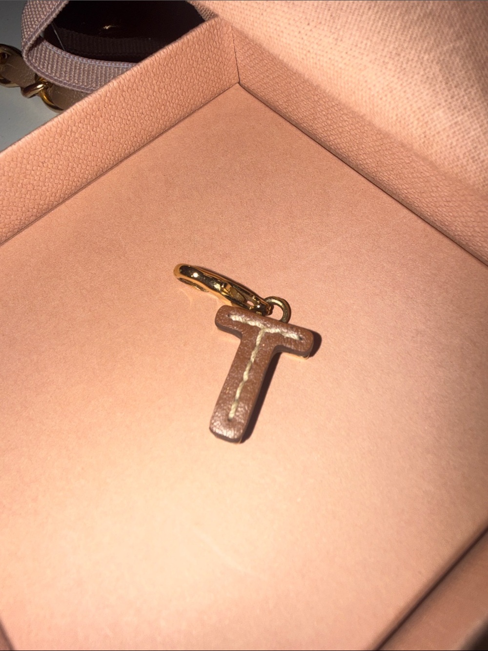 Leather 'T' Initial Charm in Blush Pink with Gold Hardware